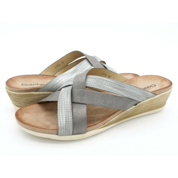 Cloud 90 Womens 11 Sandals Gray Faux Leather Strappy Slide Wedge Heel Slip On - Picture 1 of 9